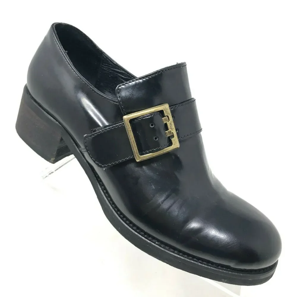 Vintage Black Patent Leather Loafers Women's 6 Chunky Heel Punk Retro 90s Eden‎